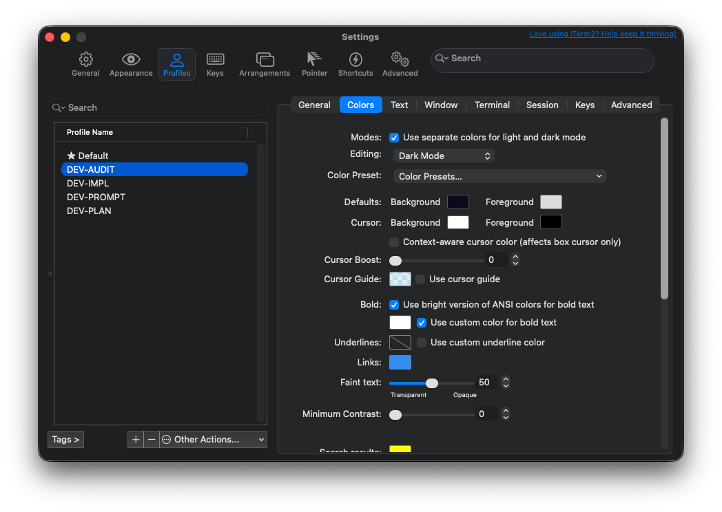 iTerm2 Settings showing 4 named profiles in the sidebar