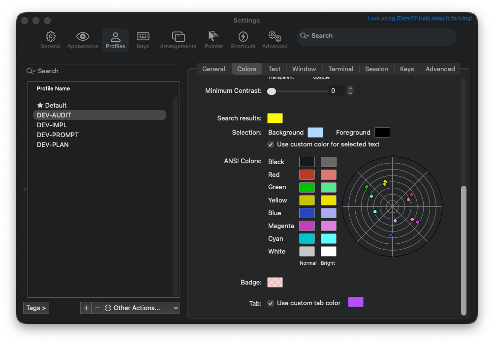 iTerm2 Colors tab showing tab color checkbox and badge color