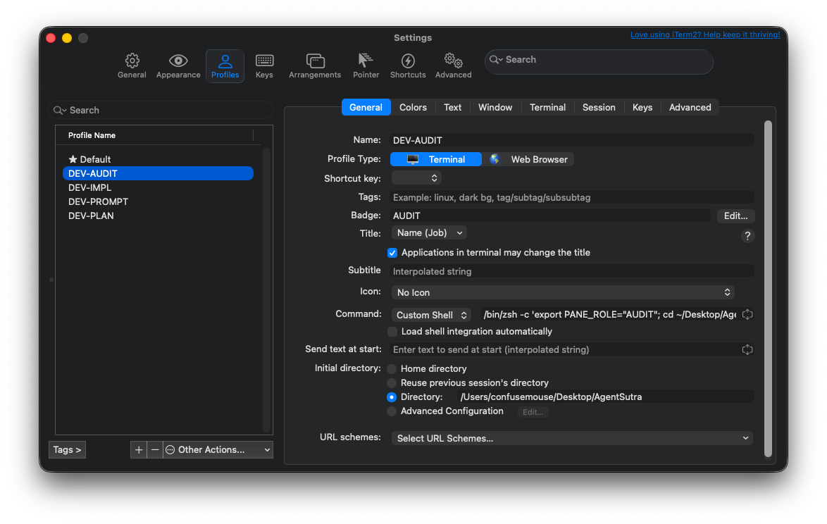 iTerm2 General tab showing title, badge, and command settings