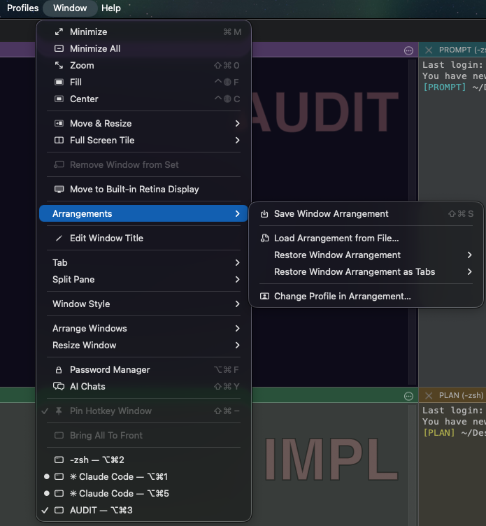 Window menu showing Save Window Arrangement option