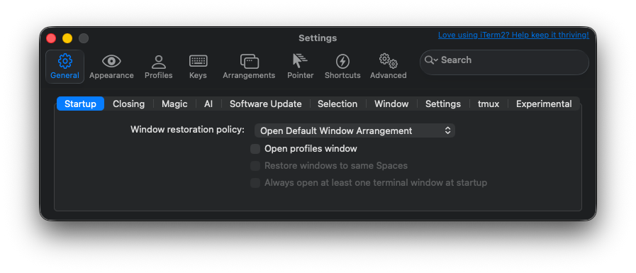 iTerm2 General Startup settings showing Open Default Window Arrangement